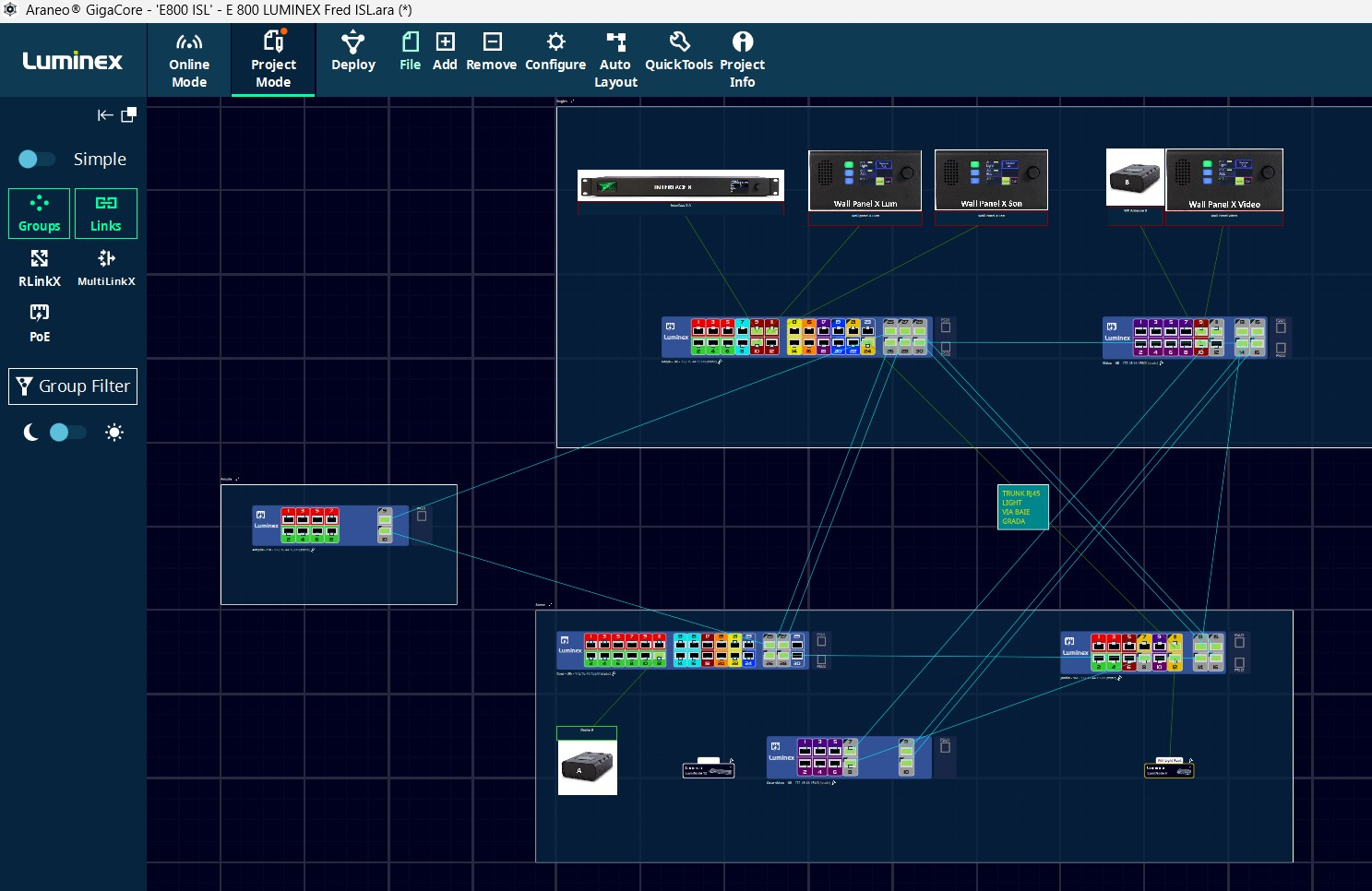 Schéma Araneo GigaCore – réseau ISL Luminex (Théâtre La Fleuriaye).